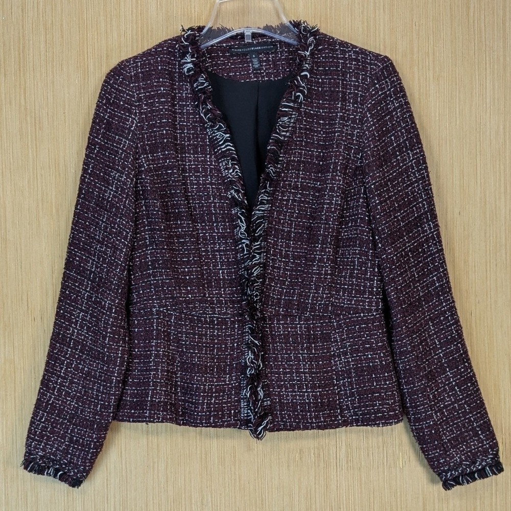 White House Black Market Preppy Old Money Burgundy Tweed Fringed Jacket Blazer 6